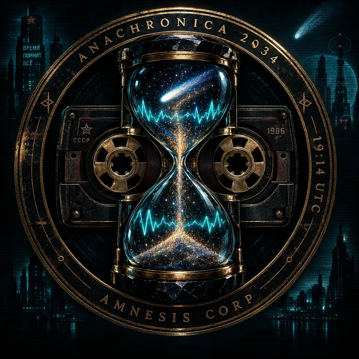 Печать ANACHRONICA 2034 · AMNESIS CORP: кассета, песочные часы и комета